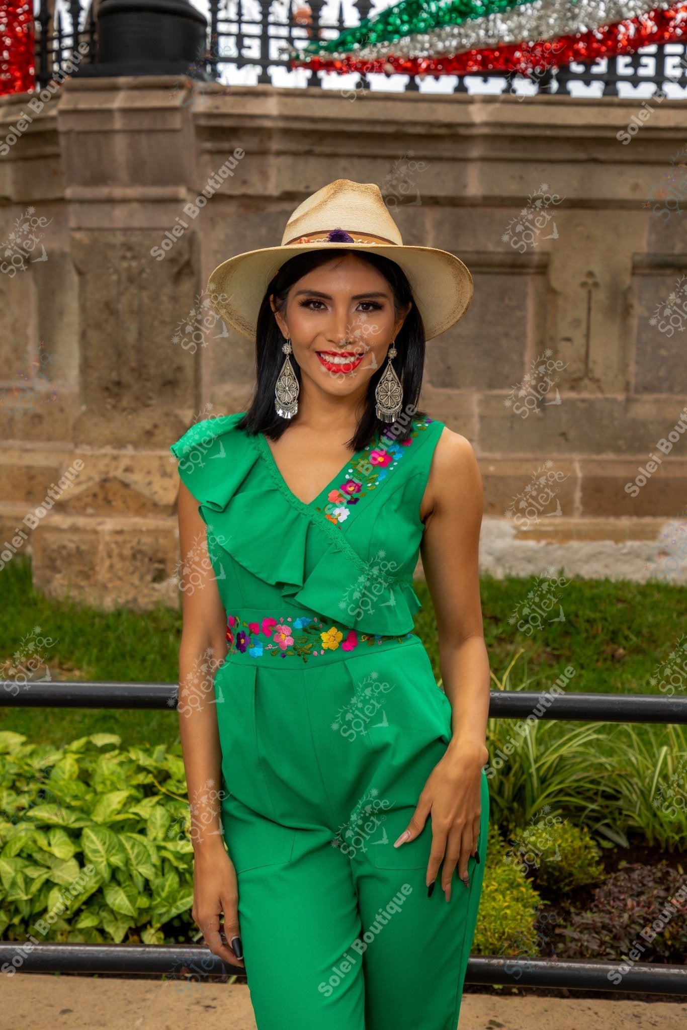Ruffle Top Mexican Jumpsuit. Hand Embroidered Floral Jumpsuit. Jumpsuit Escarola. - Solei Store