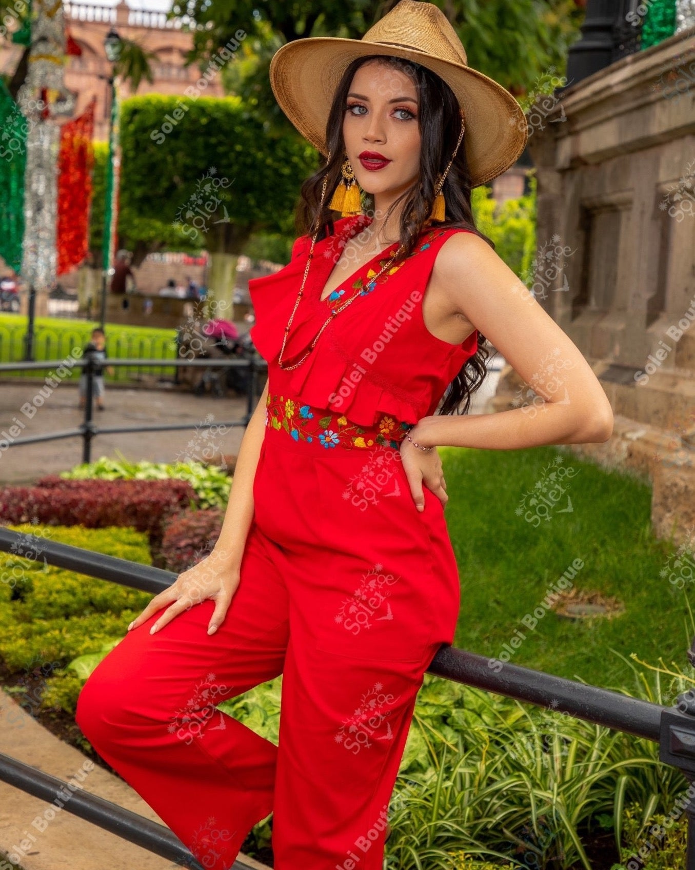 Ruffle Top Mexican Jumpsuit. Hand Embroidered Floral Jumpsuit. Jumpsuit Escarola. - Solei Store