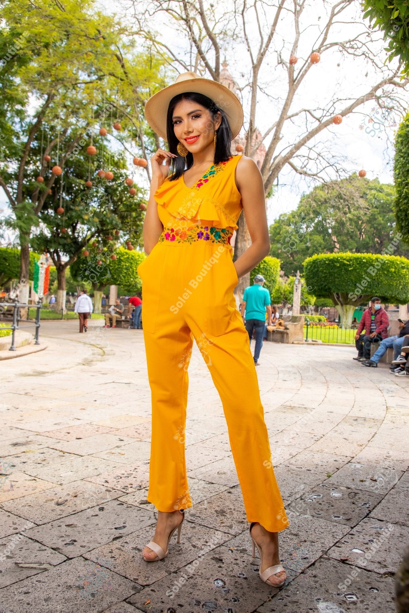 Ruffle Top Mexican Jumpsuit. Hand Embroidered Floral Jumpsuit. Jumpsuit Escarola. - Solei Store