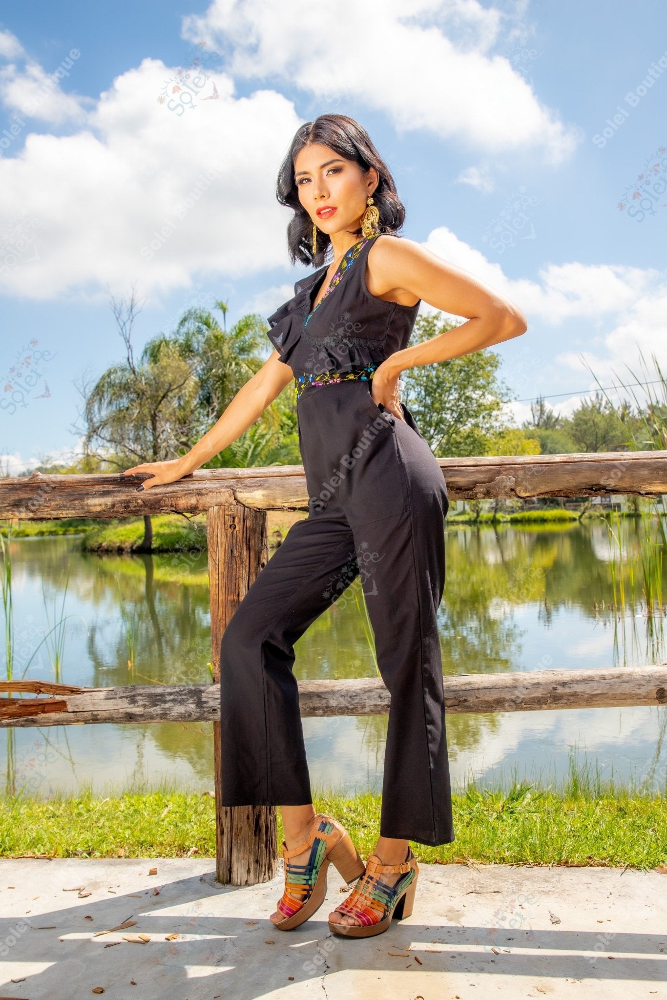 Ruffle Top Mexican Jumpsuit. Hand Embroidered Floral Jumpsuit. Jumpsuit Escarola. - Solei Store