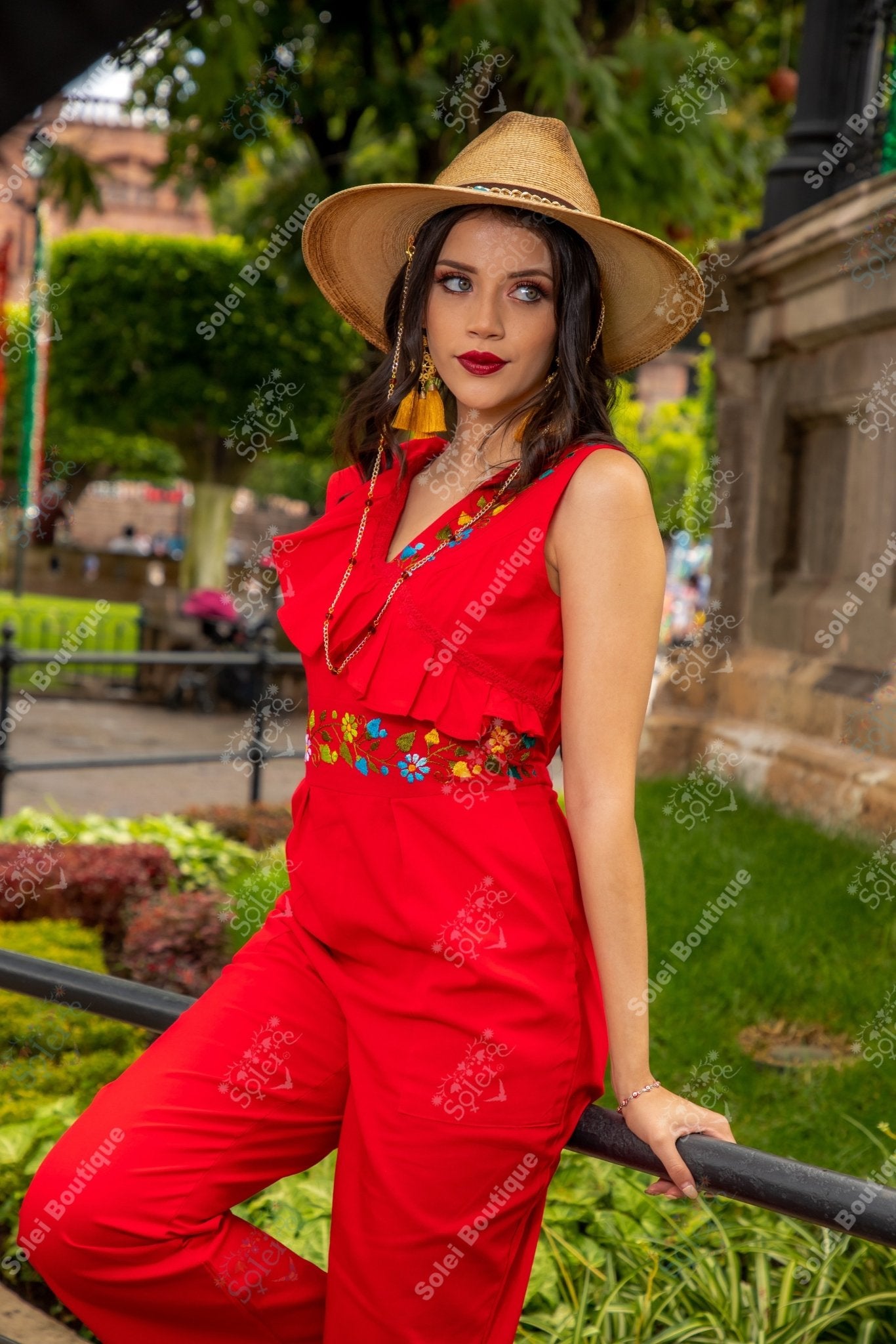 Ruffle Top Mexican Jumpsuit. Hand Embroidered Floral Jumpsuit. Jumpsuit Escarola. - Solei Store