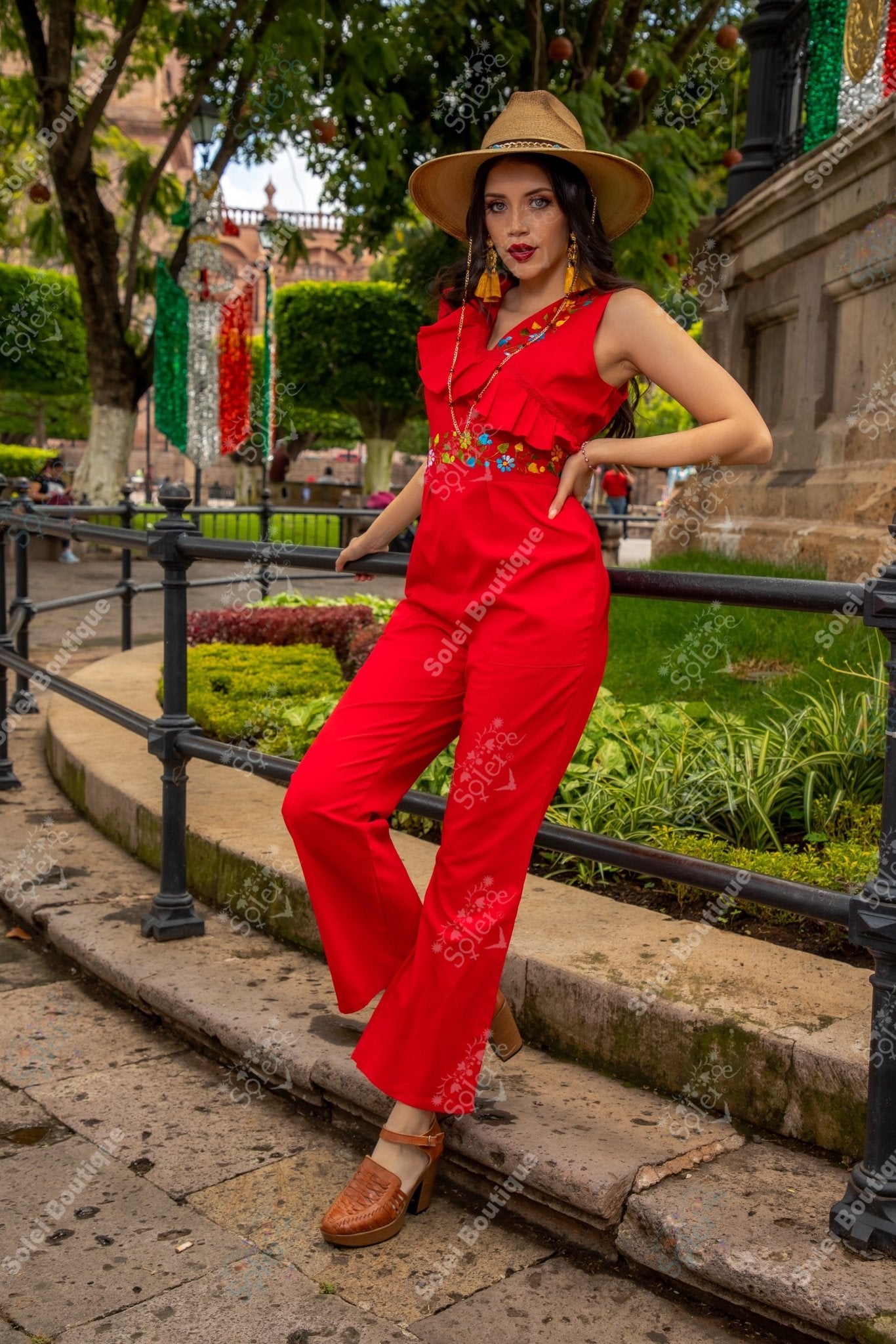 Ruffle Top Mexican Jumpsuit. Hand Embroidered Floral Jumpsuit. Jumpsuit Escarola. - Solei Store