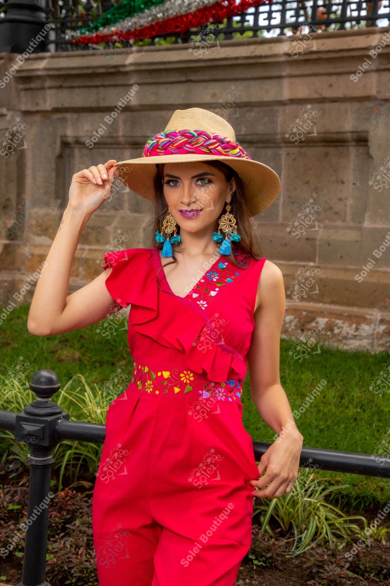 Ruffle Top Mexican Jumpsuit. Hand Embroidered Floral Jumpsuit. Jumpsuit Escarola. - Solei Store