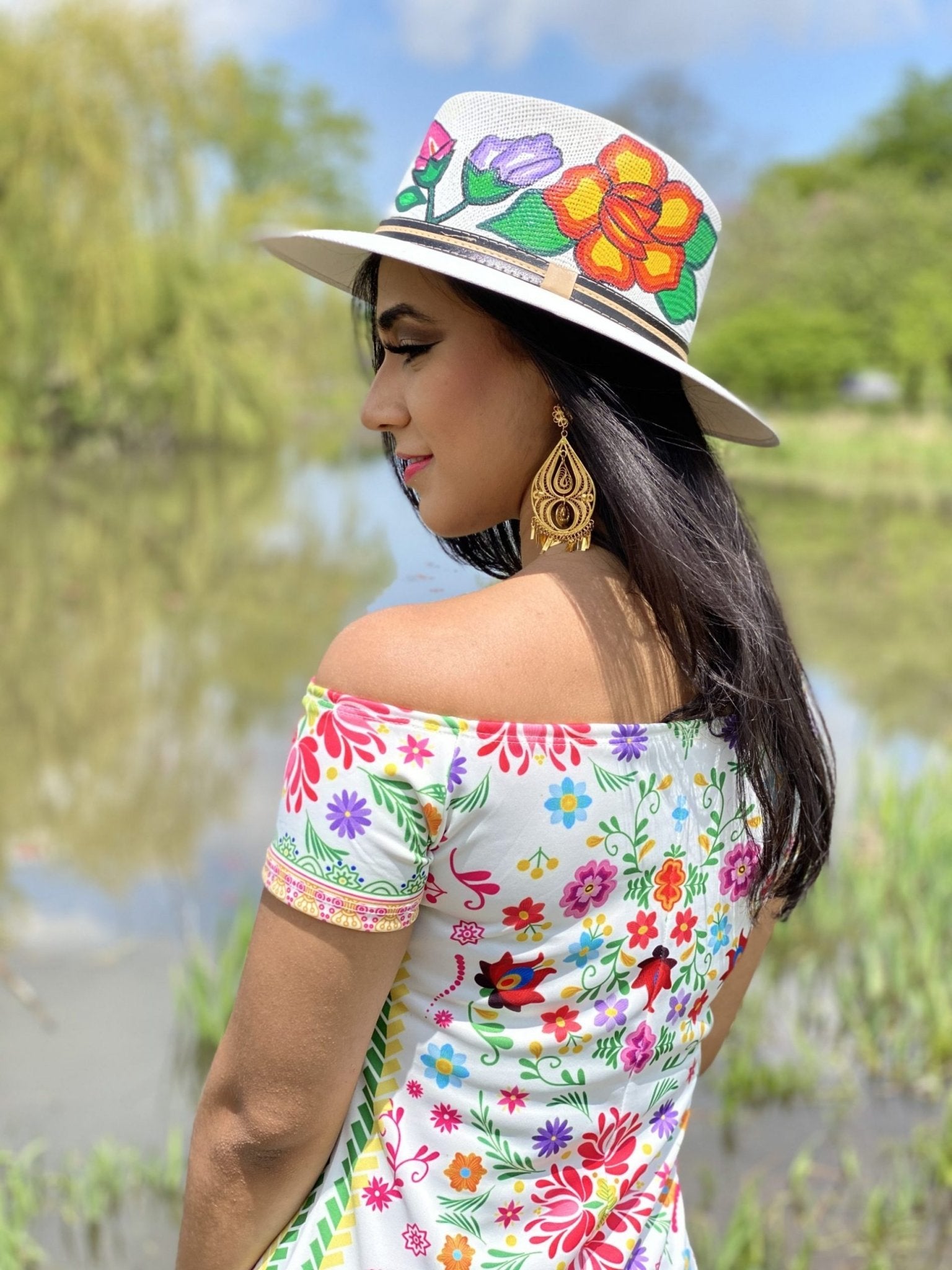 Short dress with Mexican floral print. Form-fitting fashion dress. Off-the-shoulder dress. Colorful floral design. Sexy dress. - Solei Store