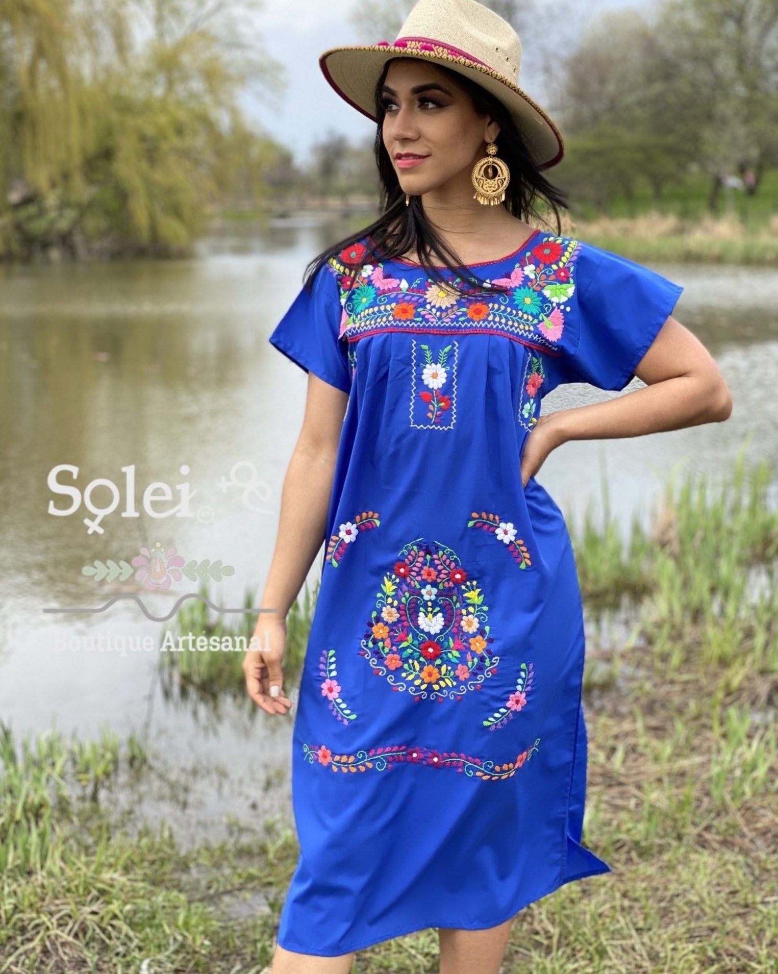 Short sleeve Tunic Dress, Mexican hand embroidered floral dress. - Solei Store