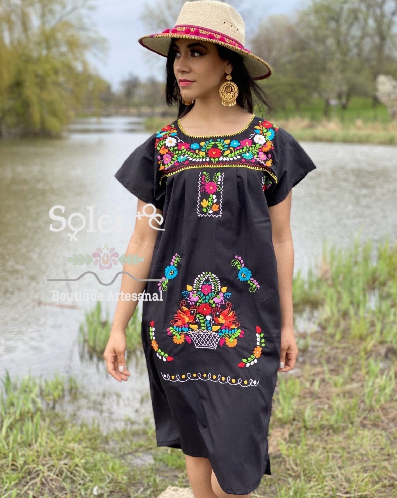 Short sleeve Tunic Dress, Mexican hand embroidered floral dress. - Solei Store