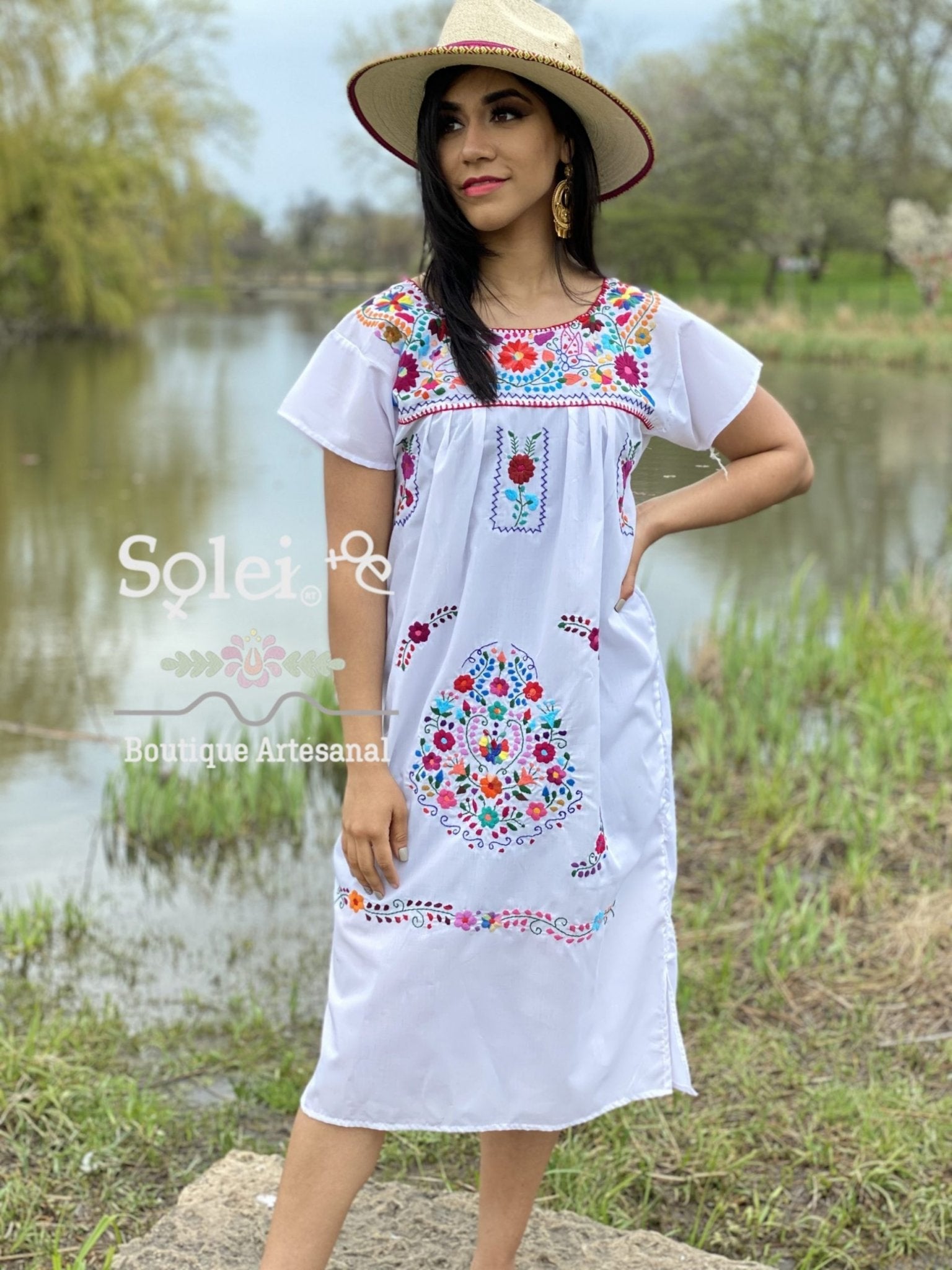 Short sleeve Tunic Dress, Mexican hand embroidered floral dress. - Solei Store