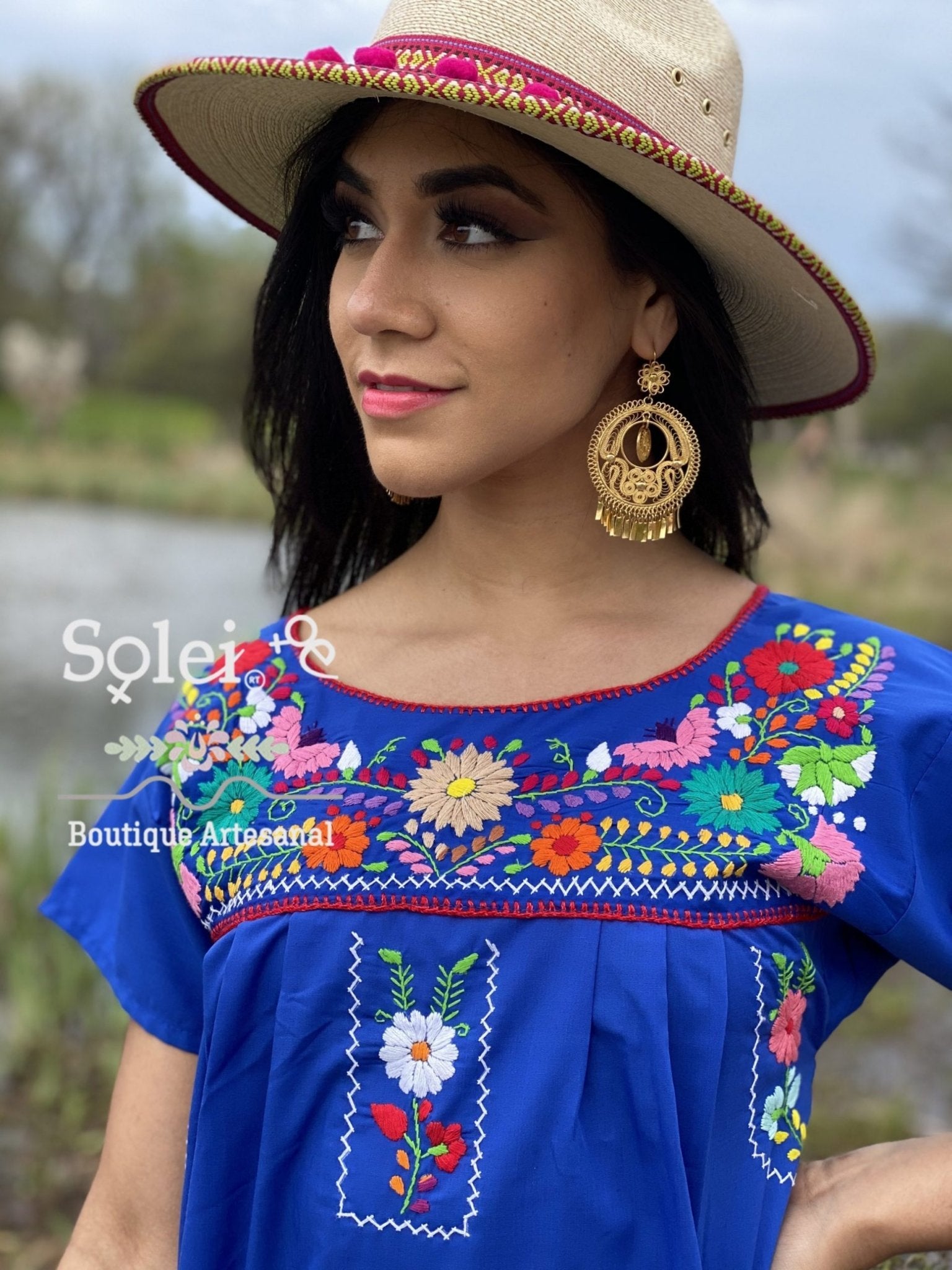Short sleeve Tunic Dress, Mexican hand embroidered floral dress. - Solei Store