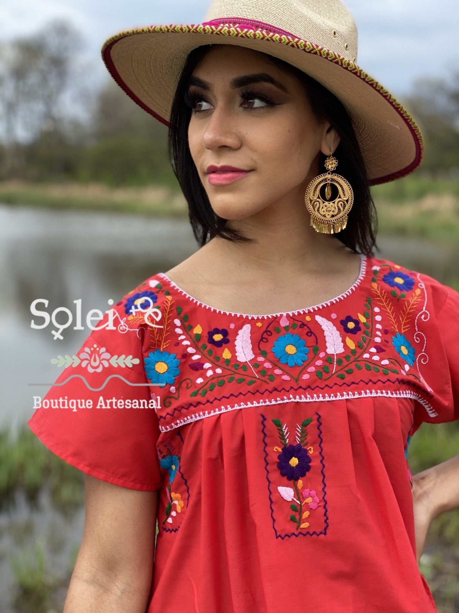 Short sleeve Tunic Dress, Mexican hand embroidered floral dress. - Solei Store