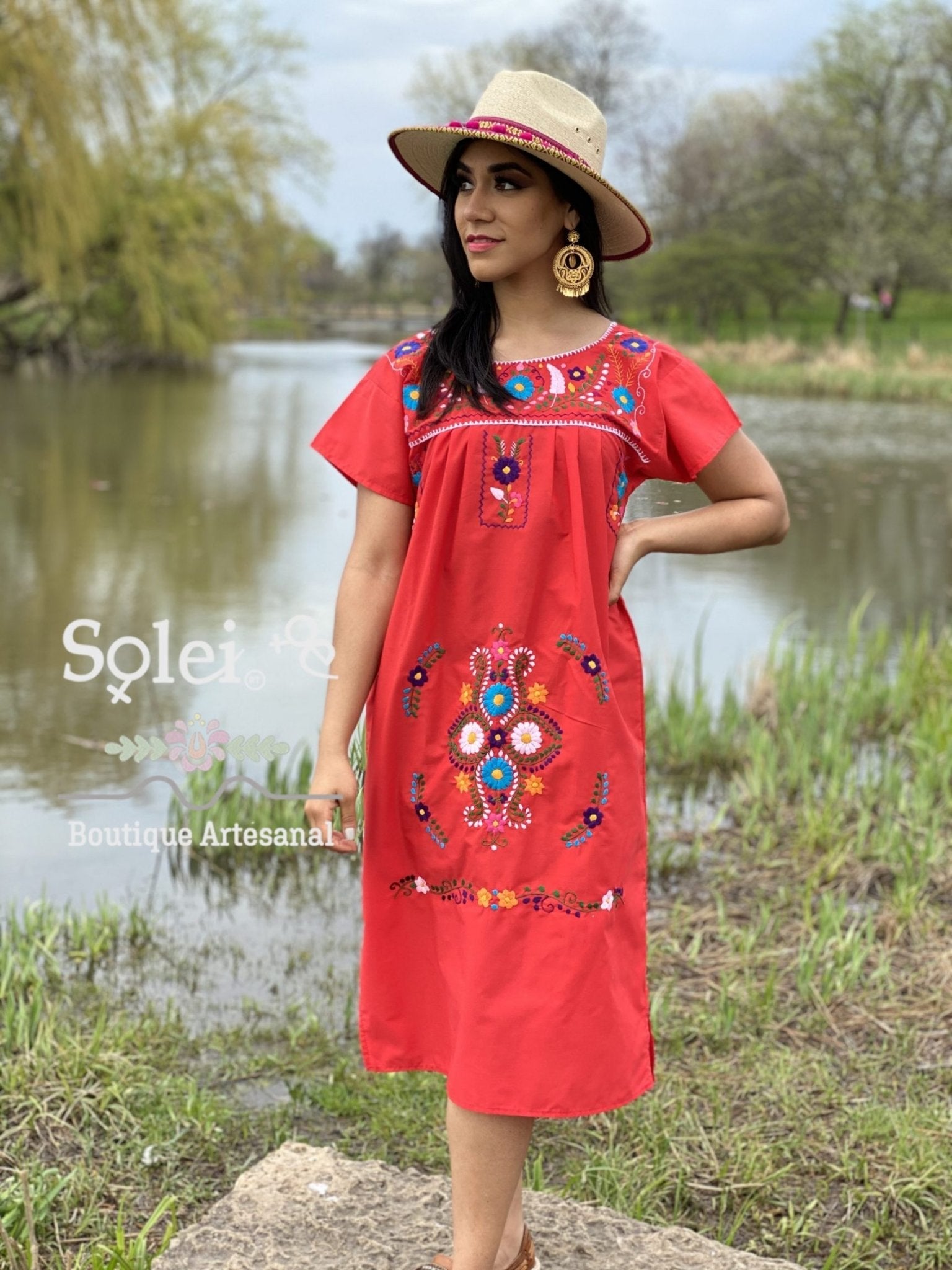 Short sleeve Tunic Dress, Mexican hand embroidered floral dress. - Solei Store