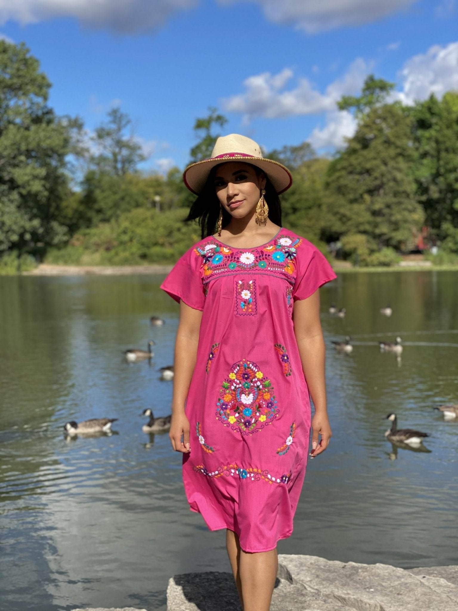 Short sleeve Tunic Dress, Mexican hand embroidered floral dress. - Solei Store
