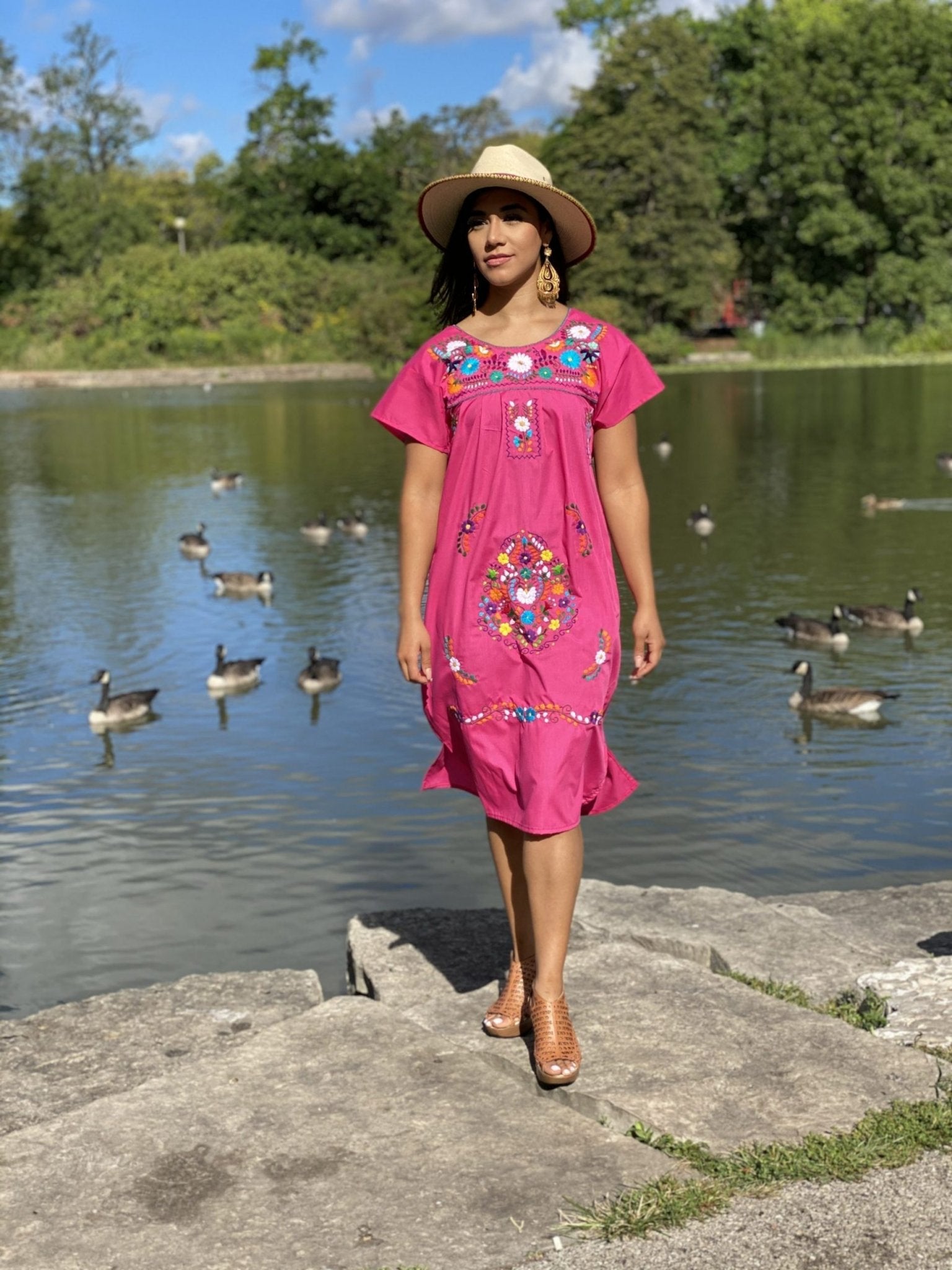 Short sleeve Tunic Dress, Mexican hand embroidered floral dress. - Solei Store