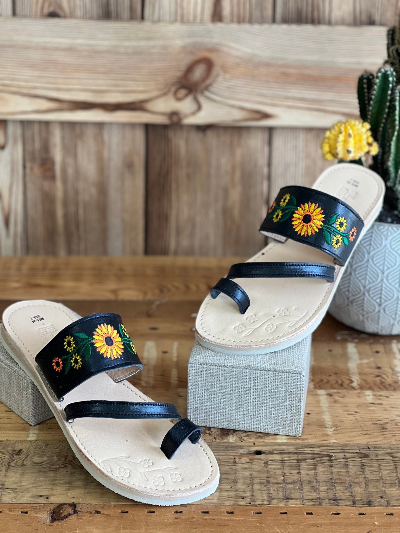 Sunflower Embroidered Double Strap Sandals. Chancla Raquel Girasol. - Solei Store