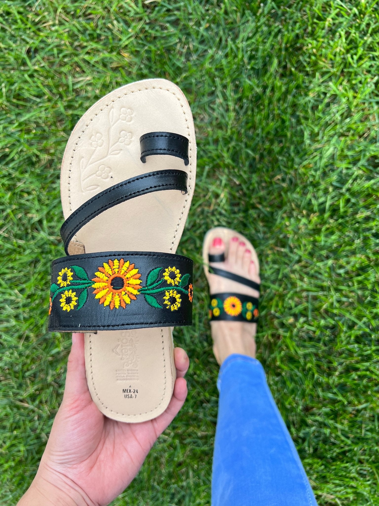 Sunflower Embroidered Double Strap Sandals. Chancla Raquel Girasol. - Solei Store