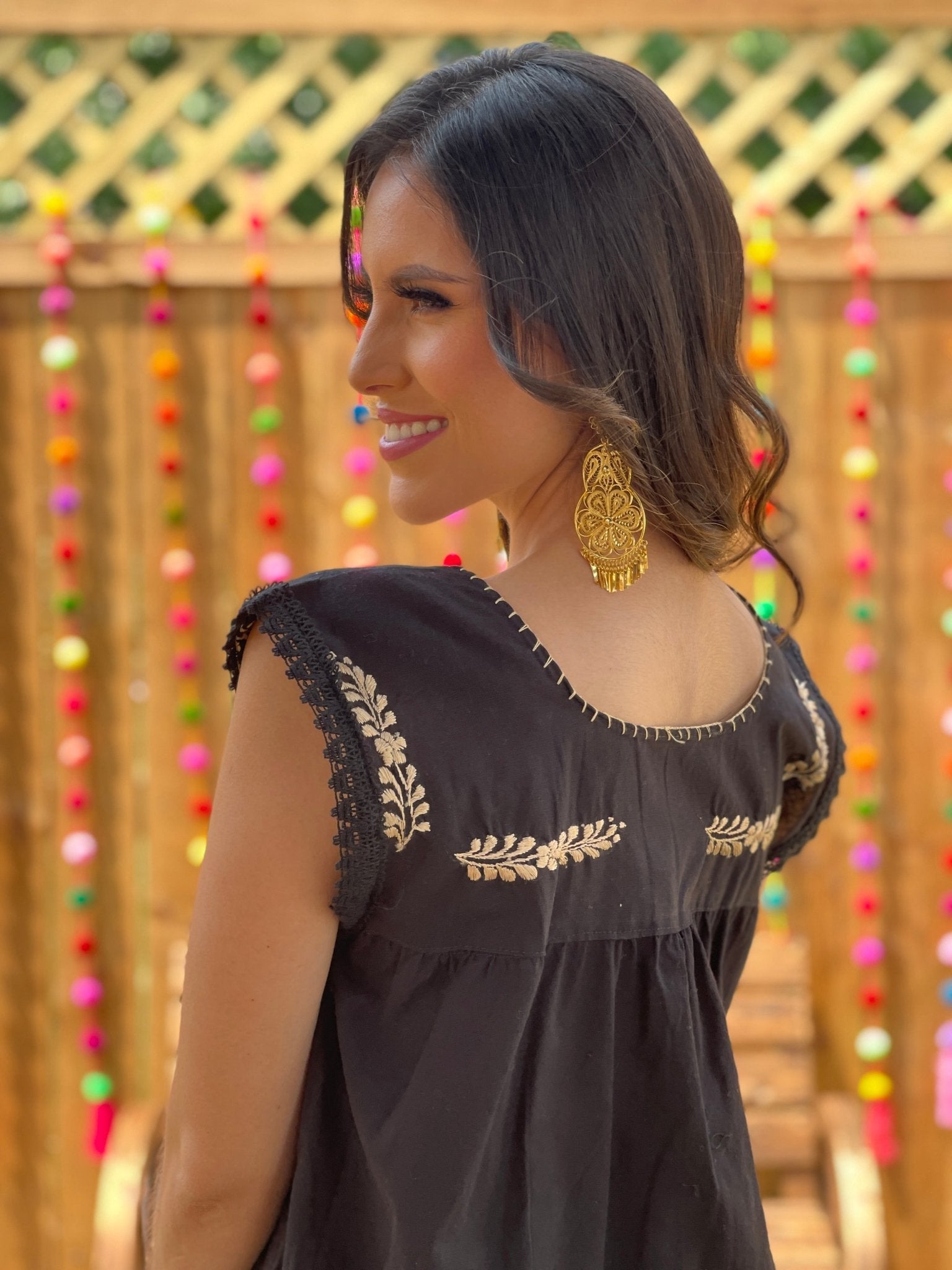Traditional Mexican Artisanal Hand Embroidered Golden Dress. Vestido Lina Dorado - Solei Store