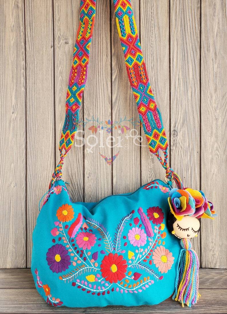 Traditional Mexican Embroidered Bag with Frida Kahlo Tassel. Morral Tehuacan with Frida Kahlo Tassel - Solei Store
