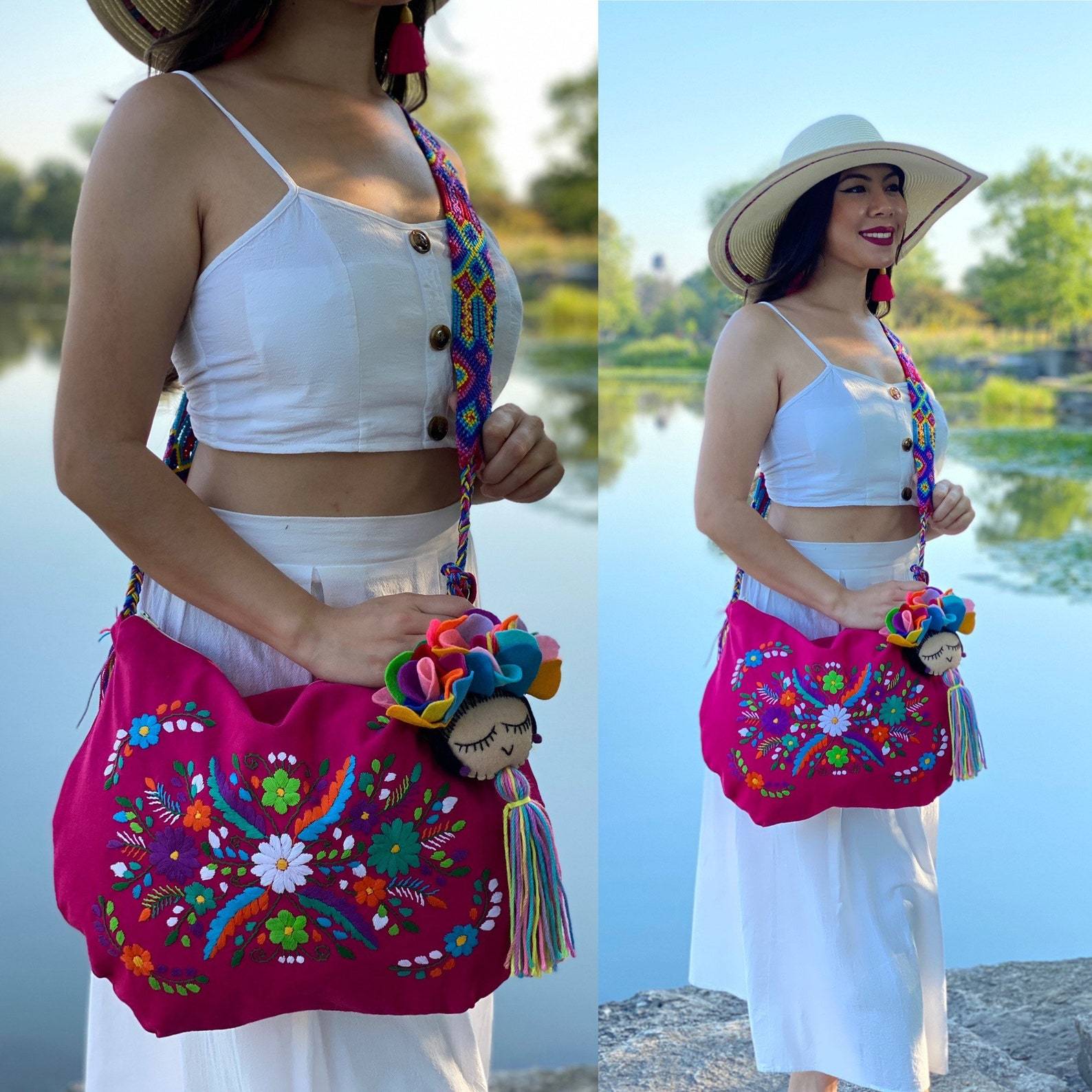 Traditional Mexican Embroidered Bag with Frida Kahlo Tassel. Morral Tehuacan with Frida Kahlo Tassel - Solei Store