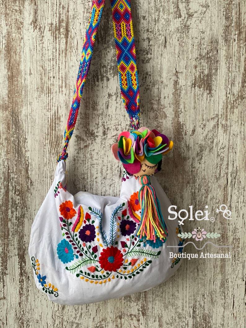 Traditional Mexican Embroidered Bag with Frida Kahlo Tassel. Morral Tehuacan with Frida Kahlo Tassel - Solei Store