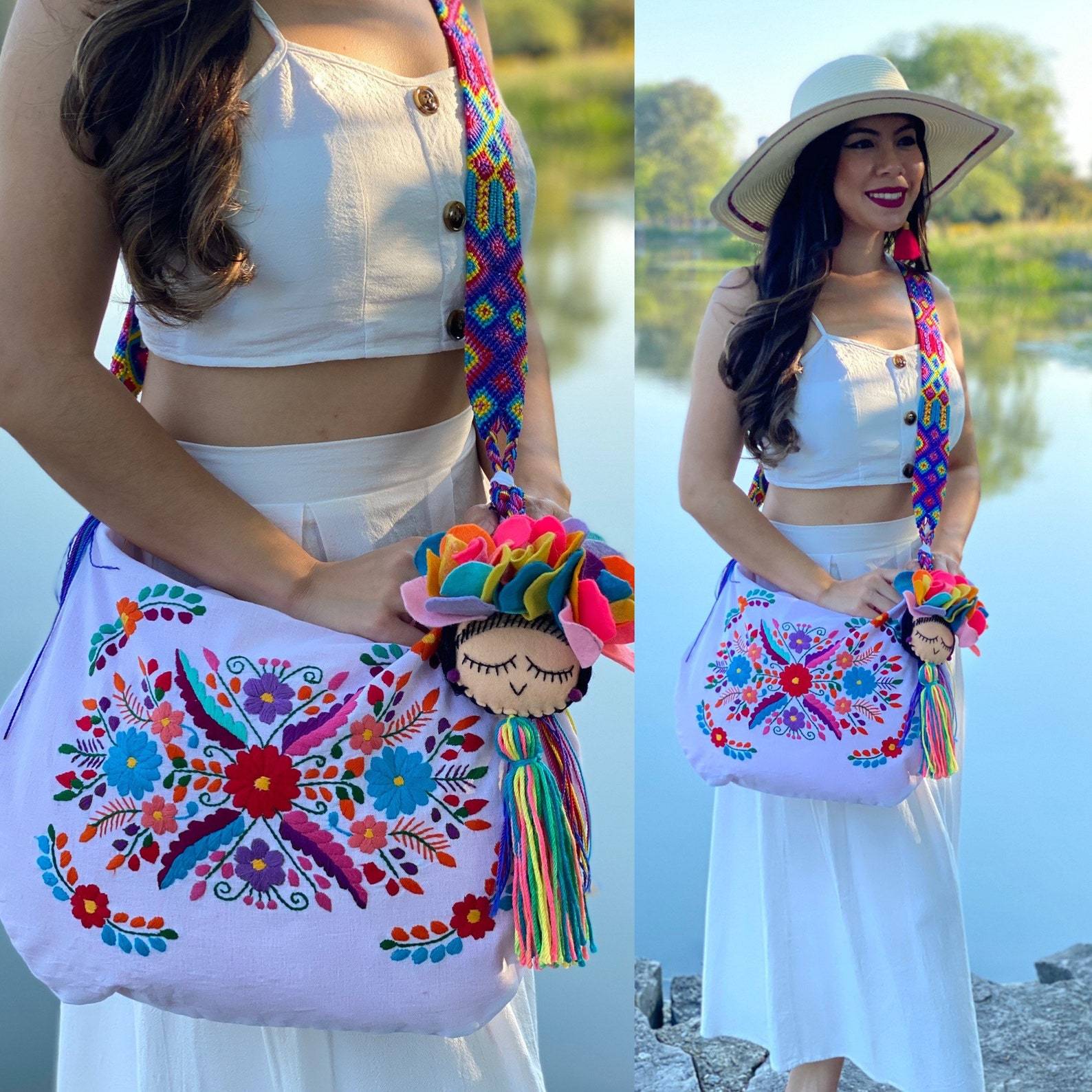 Traditional Mexican Embroidered Bag with Frida Kahlo Tassel. Morral Tehuacan with Frida Kahlo Tassel - Solei Store