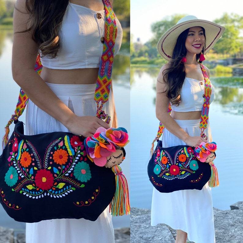 Traditional Mexican Embroidered Bag with Frida Kahlo Tassel. Morral Tehuacan with Frida Kahlo Tassel - Solei Store