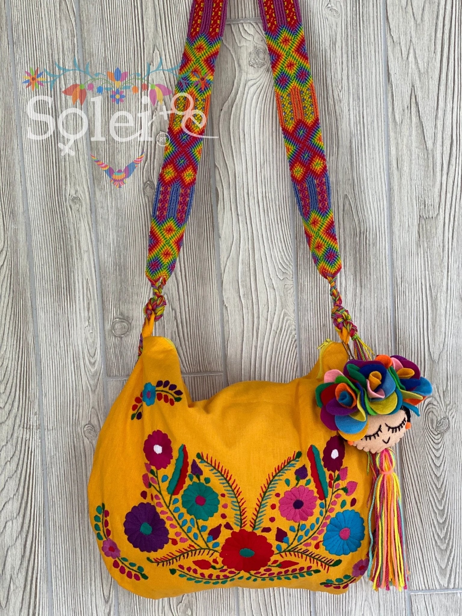 Traditional Mexican Embroidered Bag with Frida Kahlo Tassel. Morral Tehuacan with Frida Kahlo Tassel - Solei Store
