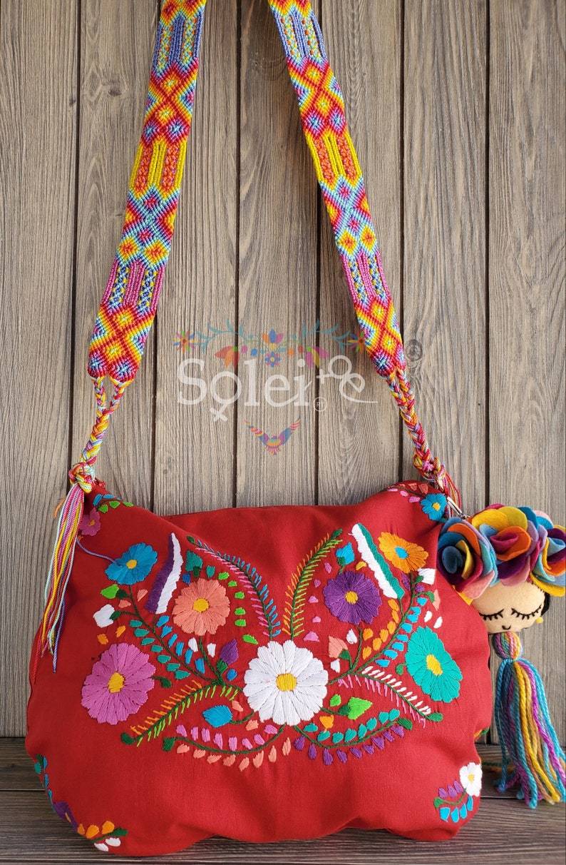 Traditional Mexican Embroidered Bag with Frida Kahlo Tassel. Morral Tehuacan with Frida Kahlo Tassel - Solei Store