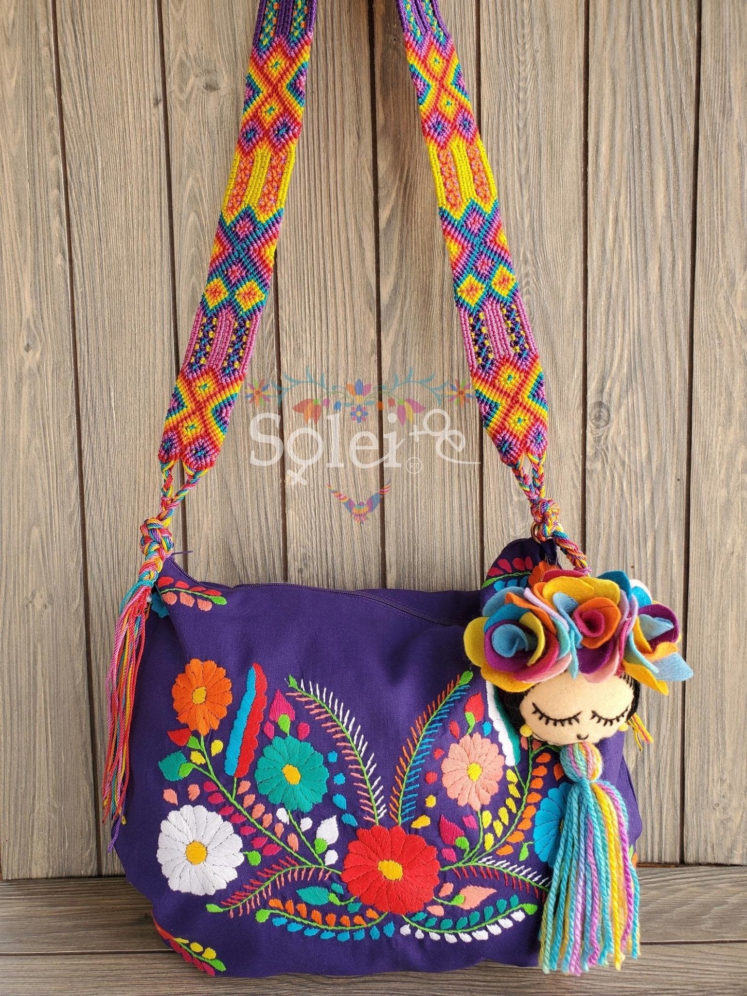 Traditional Mexican Embroidered Bag with Frida Kahlo Tassel. Morral Tehuacan with Frida Kahlo Tassel - Solei Store