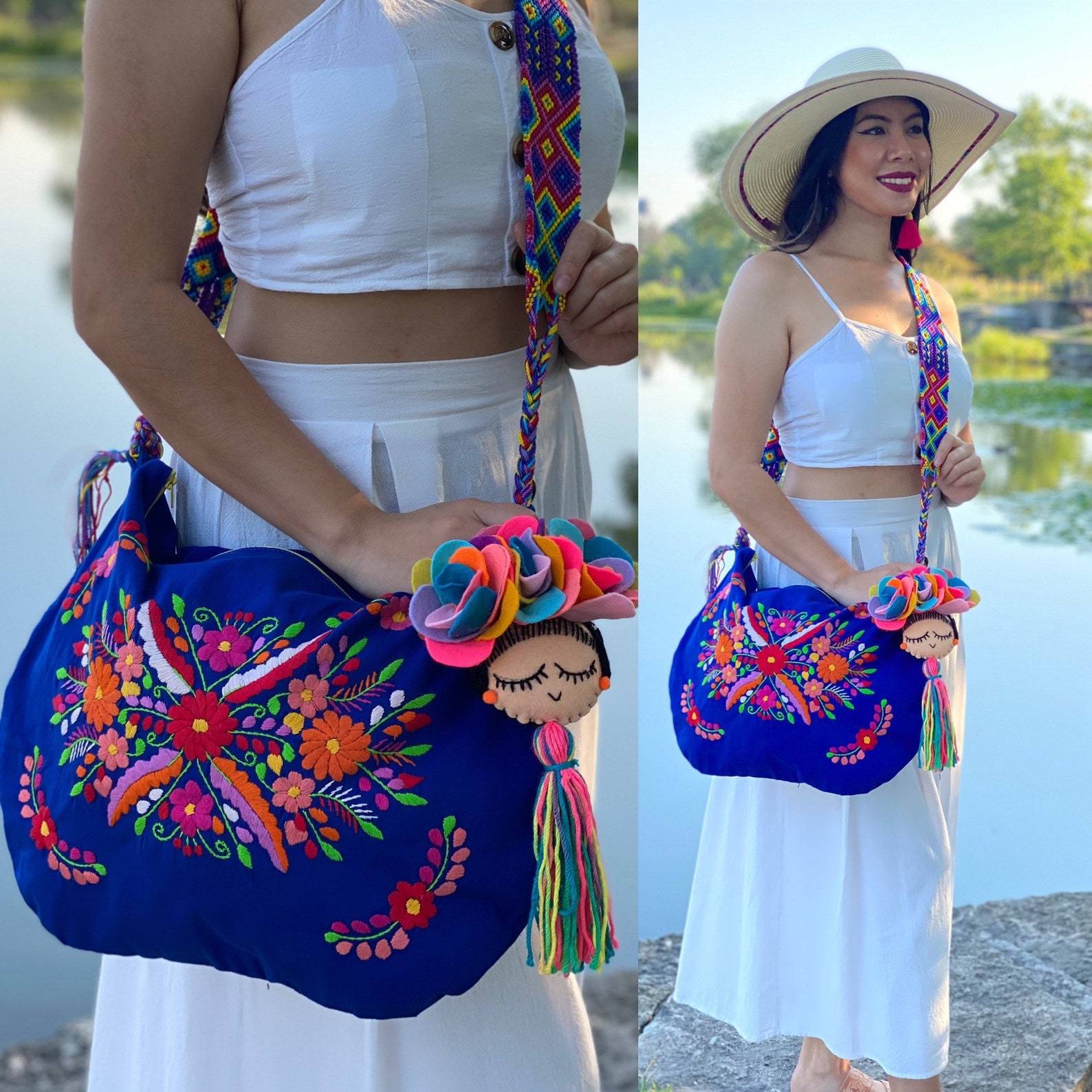 Traditional Mexican Embroidered Bag with Frida Kahlo Tassel. Morral Tehuacan with Frida Kahlo Tassel - Solei Store