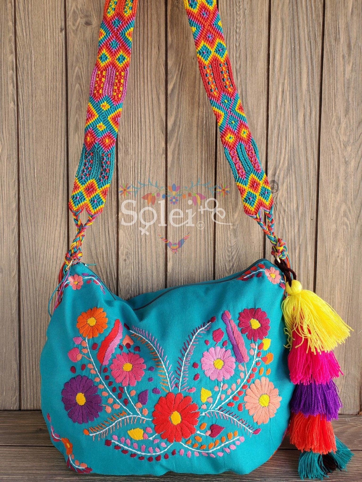 Traditional Mexican Embroidered Bag with PomPom Tassel. Morral Tehuacan with PomPom Tassel - Solei Store