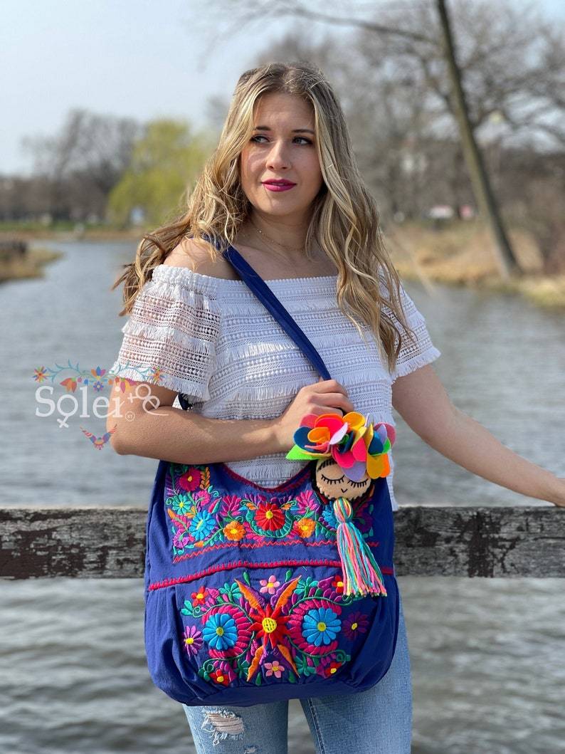 Traditional Mexican Floral Embroidered Bag. Morral Solei with Frida Tassel - Solei Store