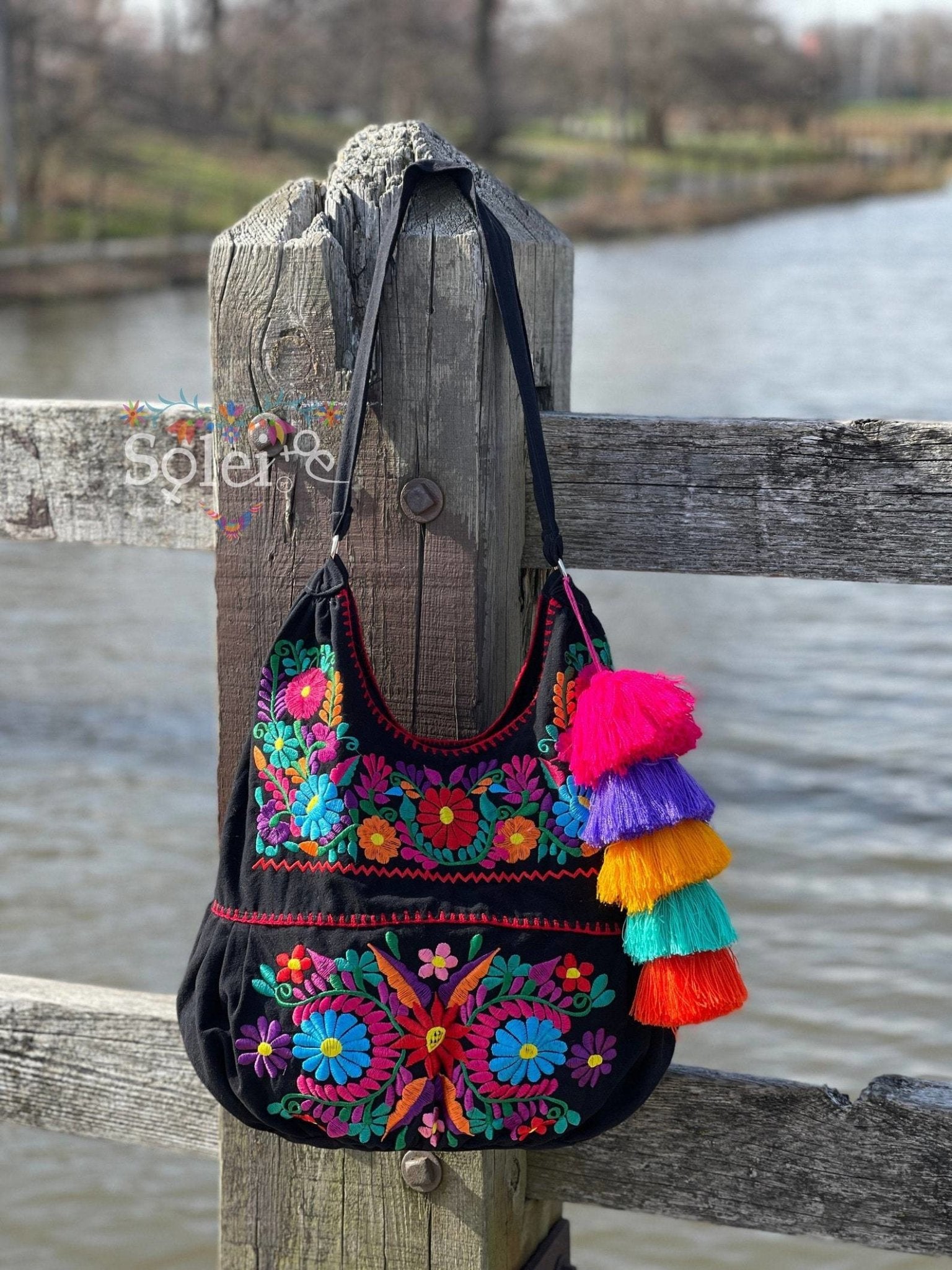 Traditional Mexican Floral Embroidered Bag. Morral Solei with PomPom Tassel - Solei Store