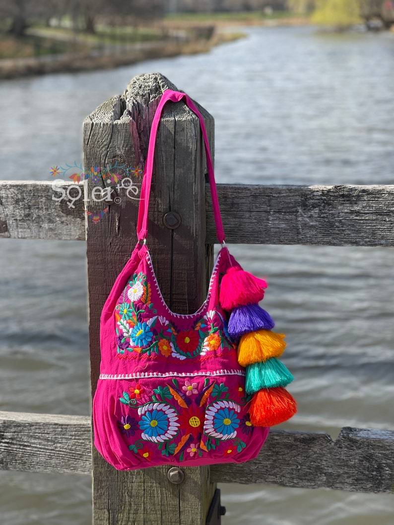 Traditional Mexican Floral Embroidered Bag. Morral Solei with PomPom Tassel - Solei Store