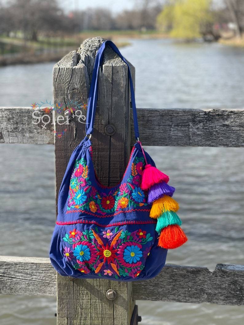 Traditional Mexican Floral Embroidered Bag. Morral Solei with PomPom Tassel - Solei Store
