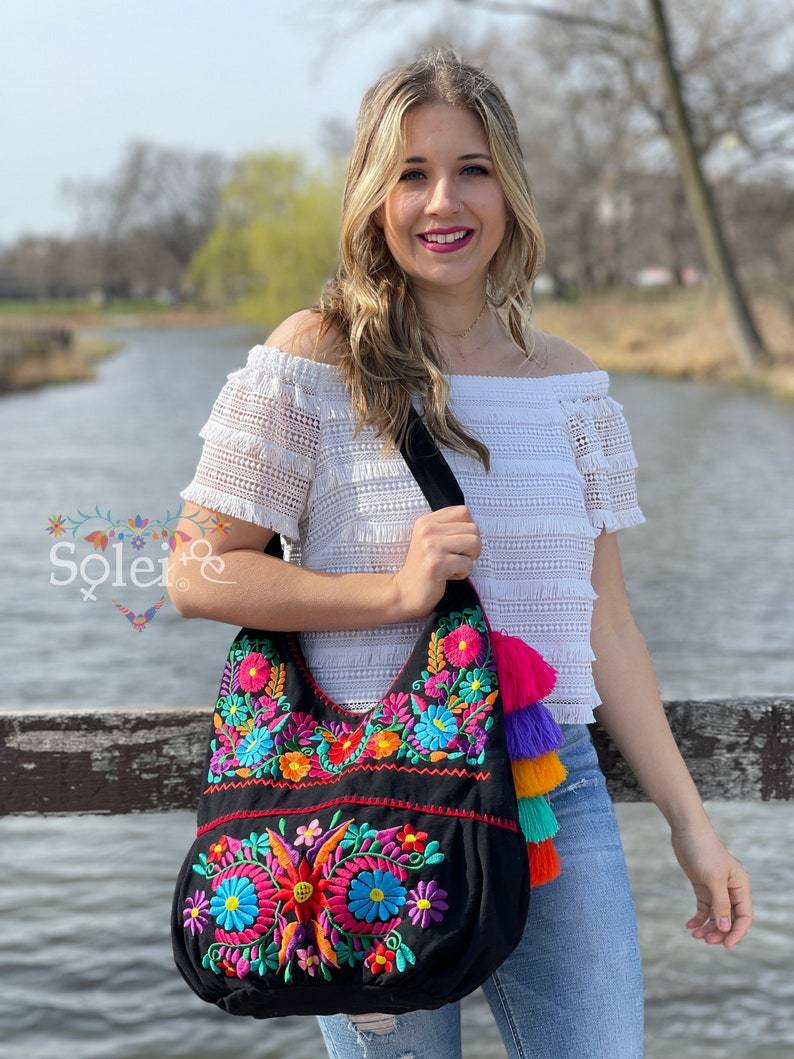 Traditional Mexican Floral Embroidered Bag. Morral Solei with PomPom Tassel - Solei Store
