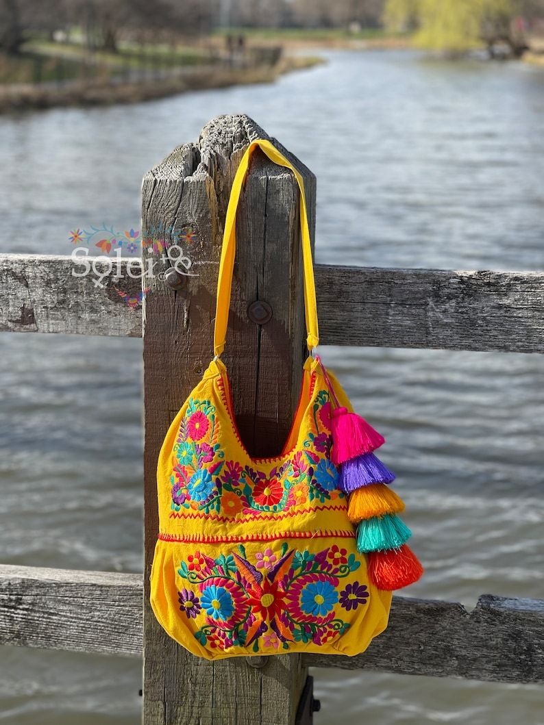 Traditional Mexican Floral Embroidered Bag. Morral Solei with PomPom Tassel - Solei Store