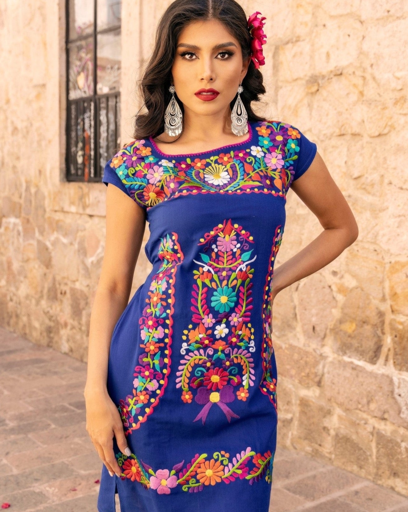 Colorful Mexican Embroidered Dress in Royal Blue