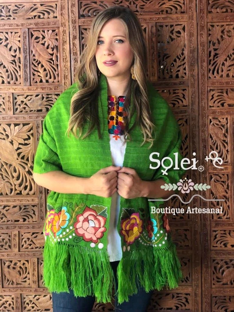 Traditional Mexican Floral Embroidered Shawl. Rebozo Zinacatan - Solei Store