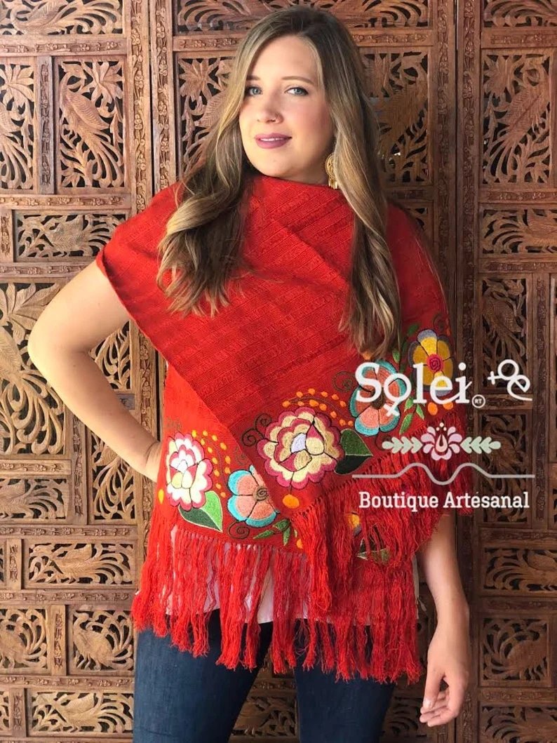 Traditional Mexican Floral Embroidered Shawl. Rebozo Zinacatan - Solei Store