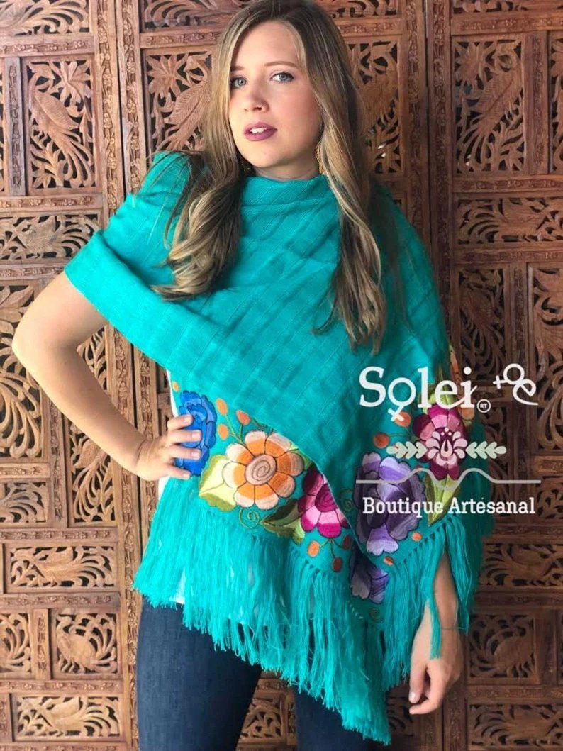 Traditional Mexican Floral Embroidered Shawl. Rebozo Zinacatan - Solei Store