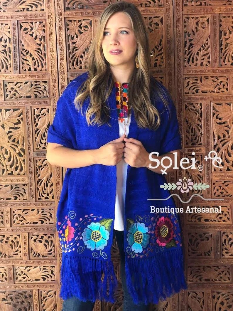 Traditional Mexican Floral Embroidered Shawl. Rebozo Zinacatan - Solei Store