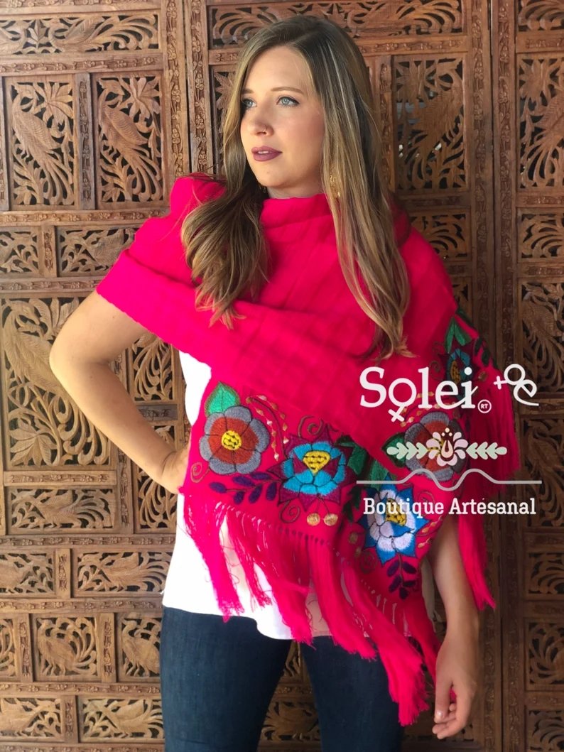 Traditional Mexican Floral Embroidered Shawl. Rebozo Zinacatan - Solei Store