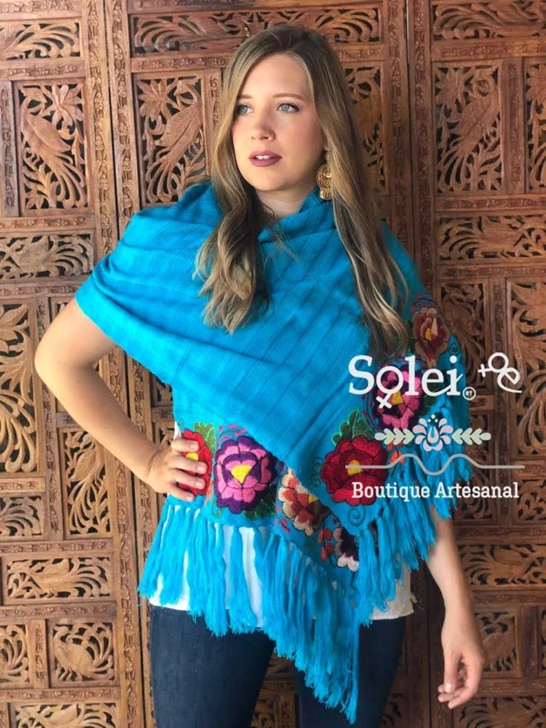 Traditional Mexican Floral Embroidered Shawl. Rebozo Zinacatan - Solei Store