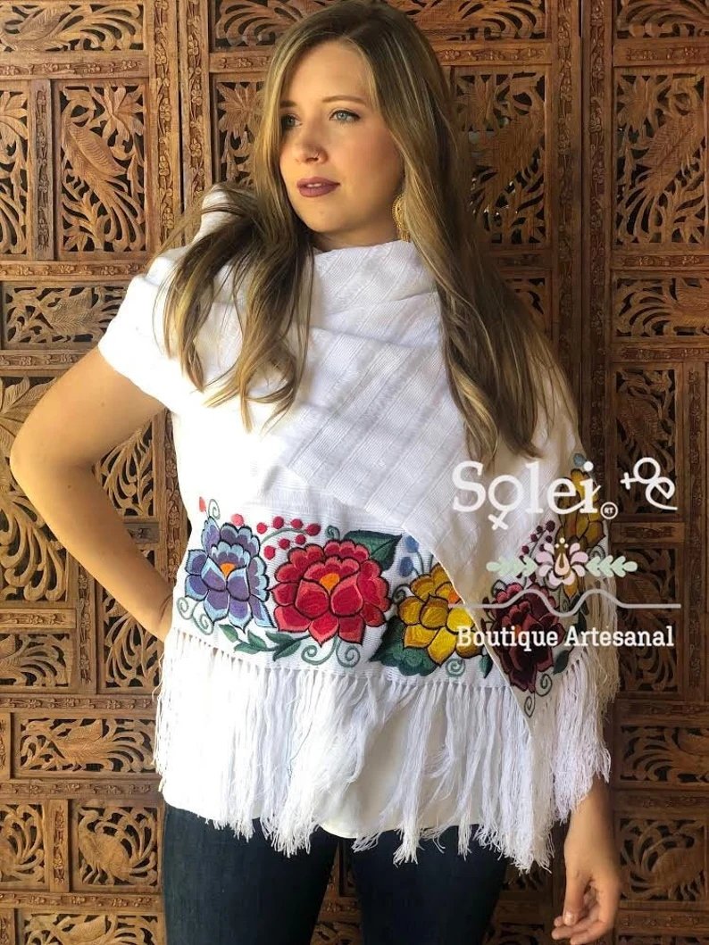 Traditional Mexican Floral Embroidered Shawl. Rebozo Zinacatan - Solei Store