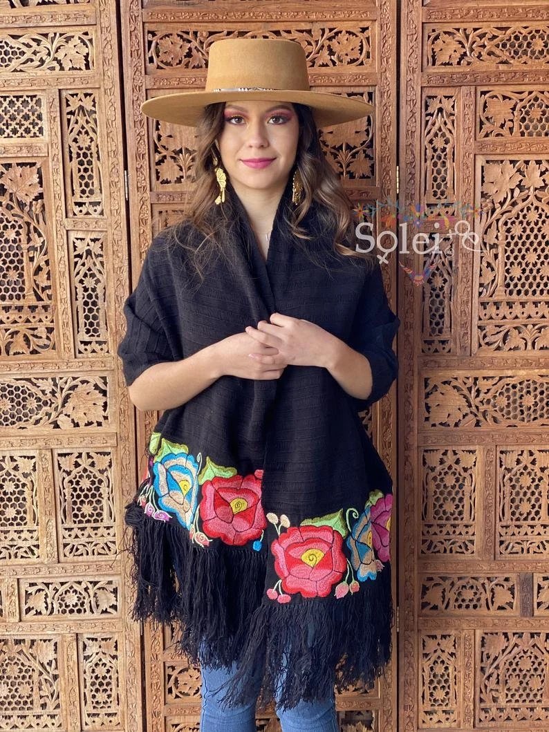 Traditional Mexican Floral Embroidered Shawl. Rebozo Zinacatan - Solei Store