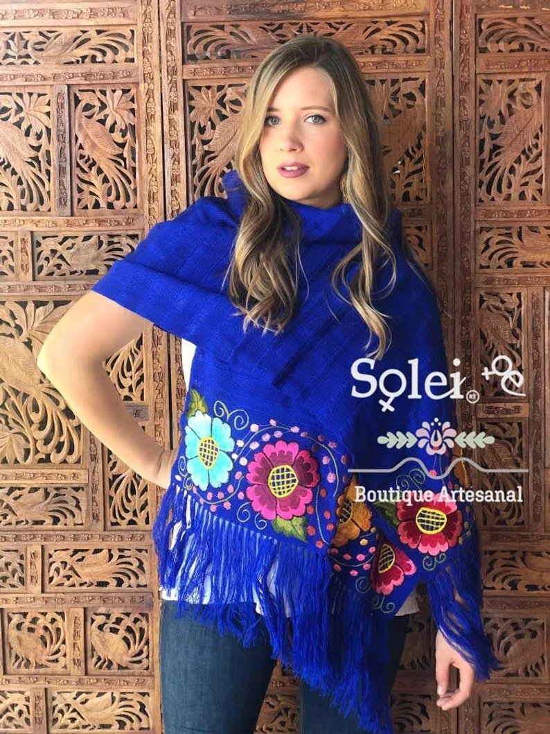 Traditional Mexican Floral Embroidered Shawl. Rebozo Zinacatan - Solei Store