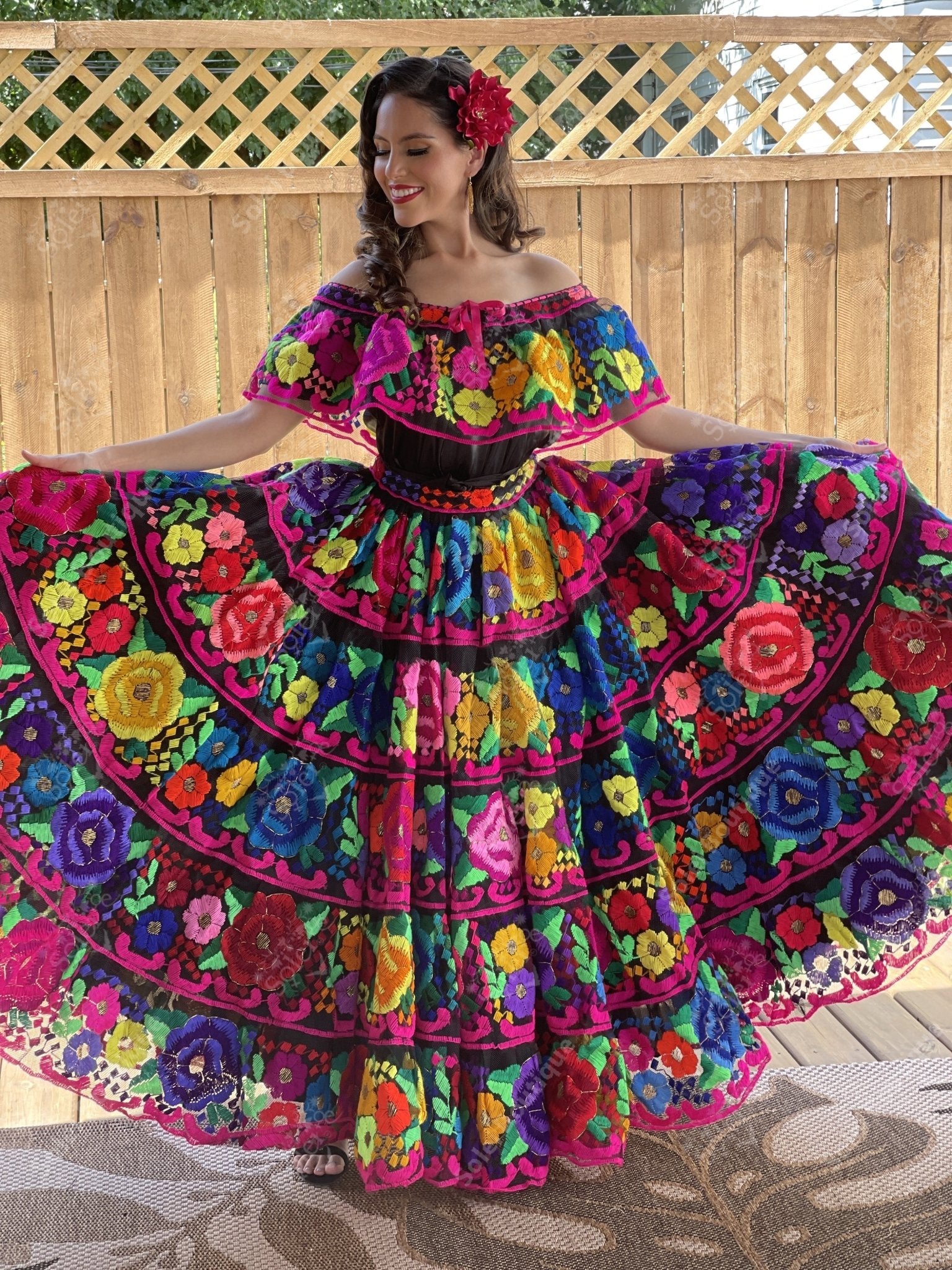 Traditional Mexican Folkloric Chiapaneco Doble Ruedo Dress in Black with Multicolor Embroidery