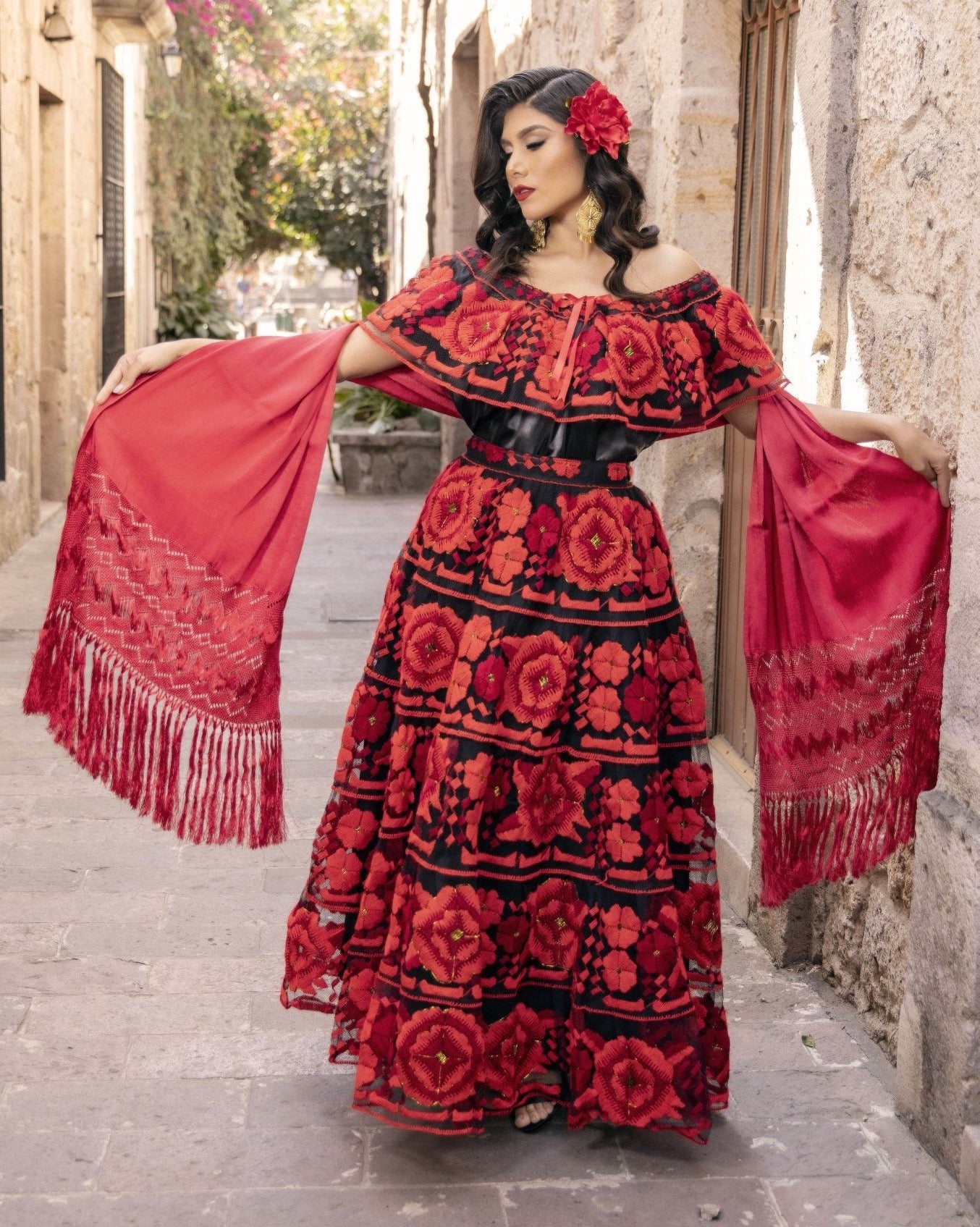 Traditional Mexican Folkloric Chiapaneco Ruedo Sencillo Dress in Black with Red Yarn Embroidery.