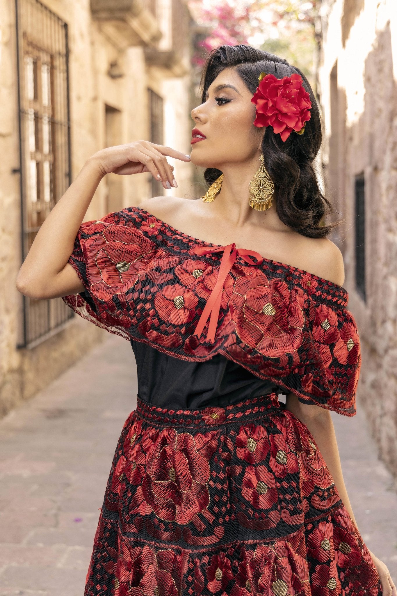 Traditional Mexican Folkloric Chiapaneco Ruedo Sencillo Dress in Black with Red Silk Embroidery