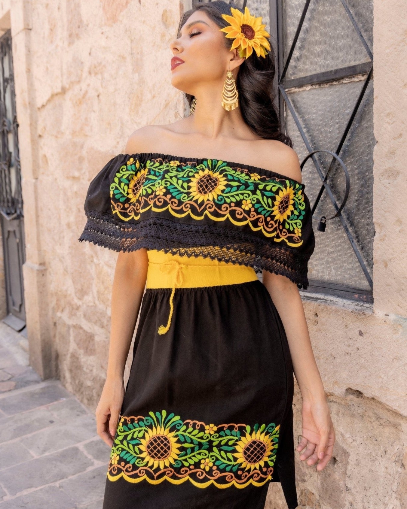 Traditional Mexican Sunflower Embroidered Dress. Vestido Rocio Girasol - Solei Store