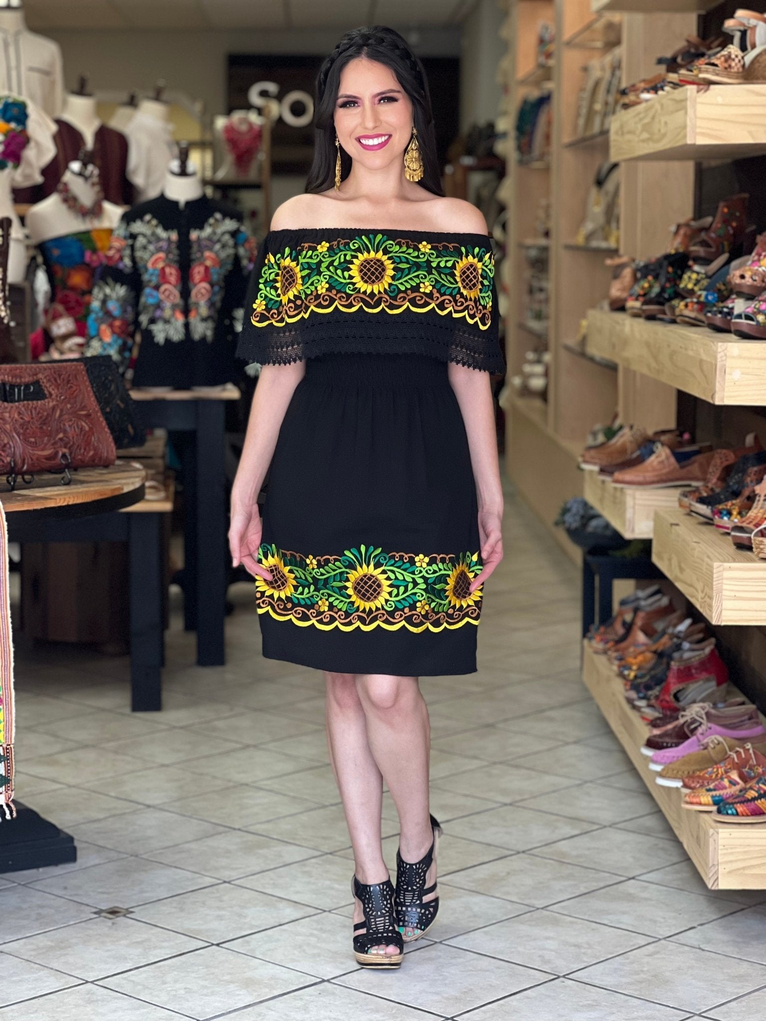 Traditional Mexican Sunflower Embroidered Dress. Vestido Rocio Girasol - Solei Store